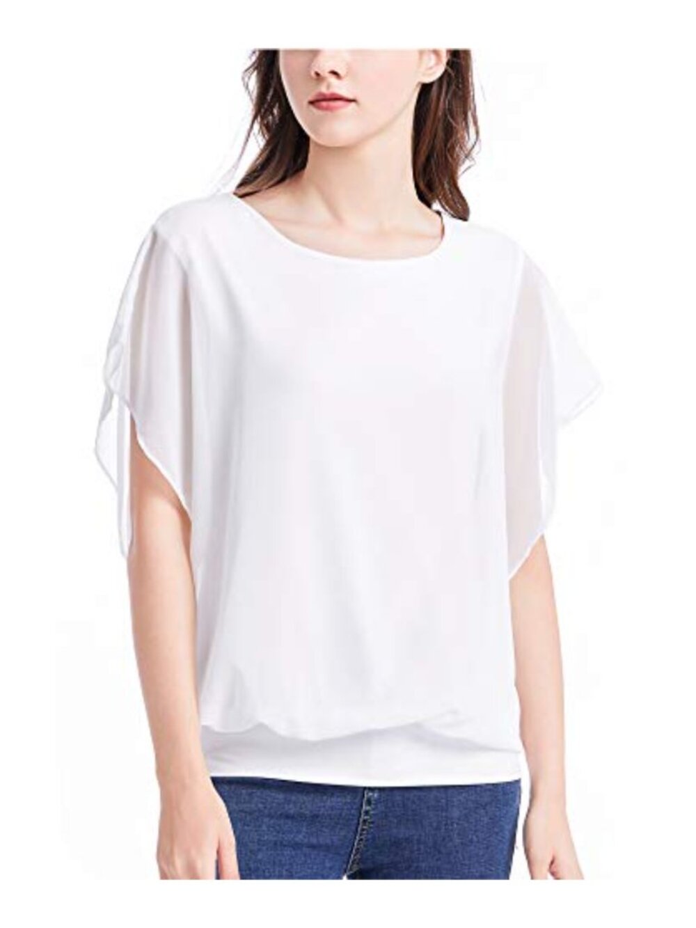 Women's Chiffon Blouse Flowy Batwing Short Sleeve Casual Top